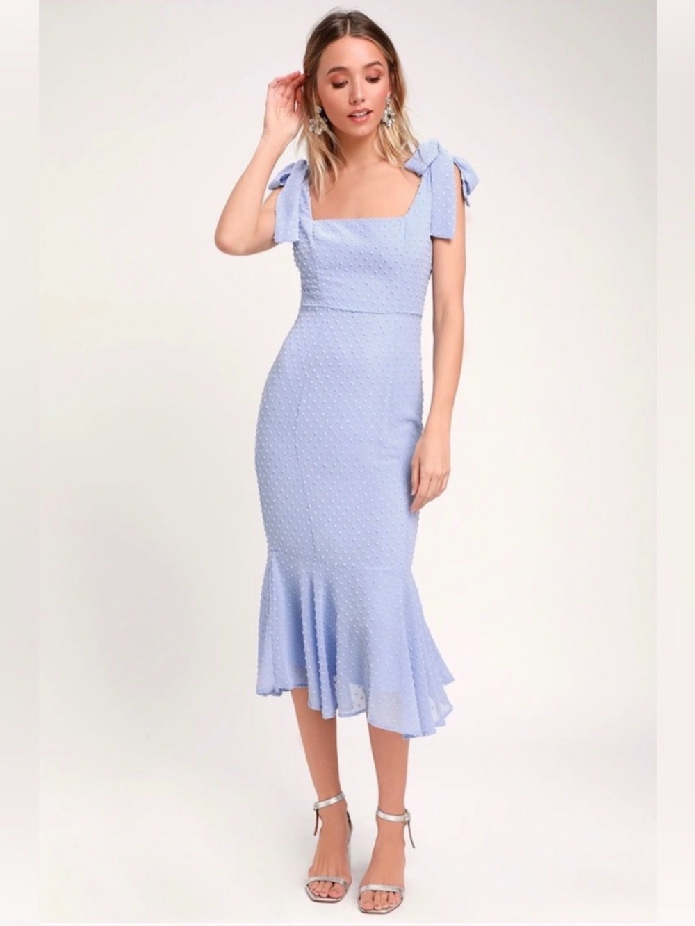 Lulus Bimini Periwinkle Blue Swiss Dot Tie-Strap Midi Dress S